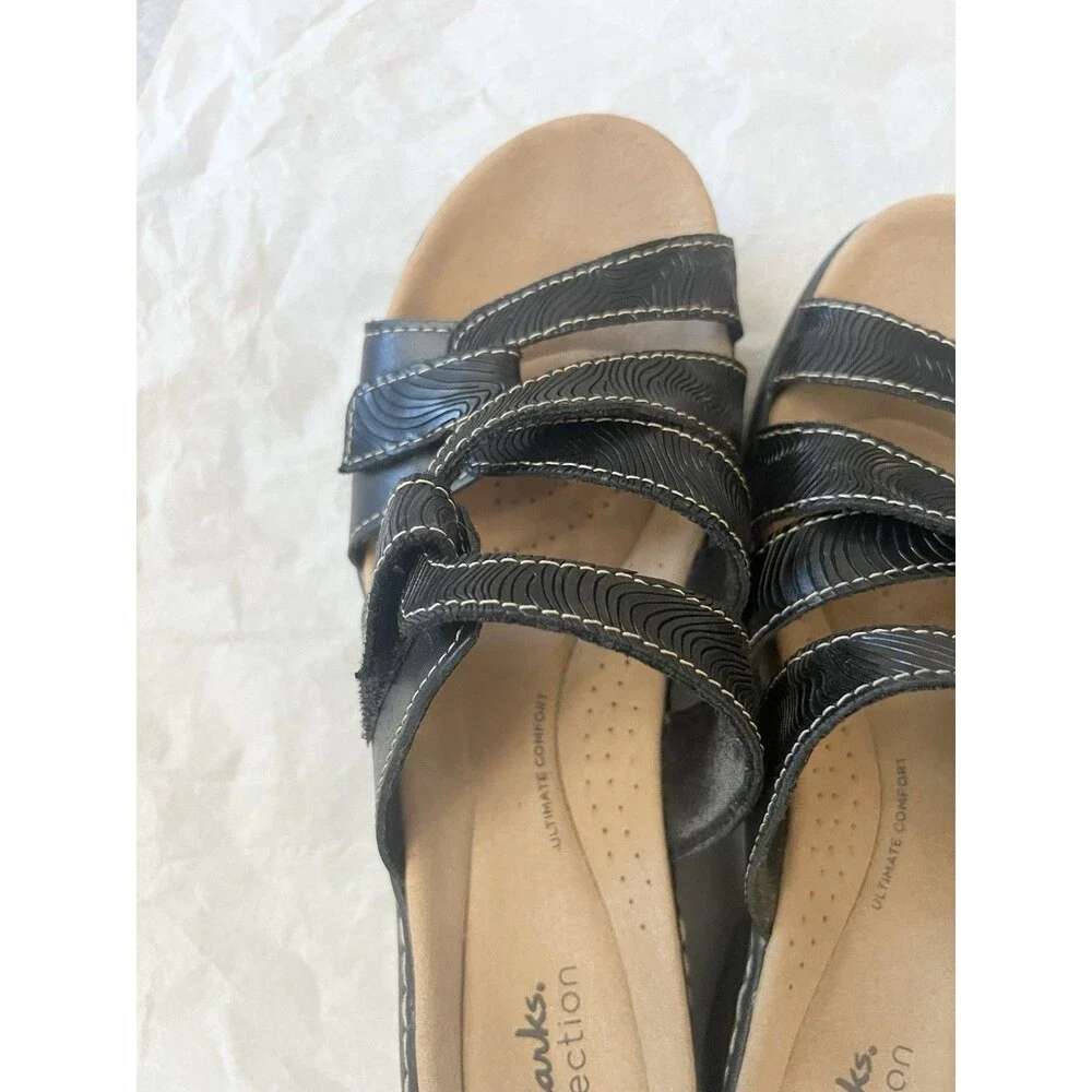 Clarks Merliah Karli Wedge Sandals – Women’s Black Leather, Size 8.5 Slip On